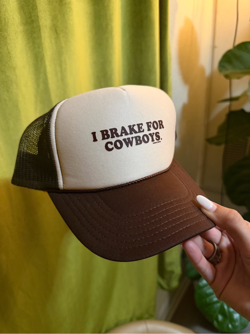 OTTO Brown and Cream Trucker Hat with 'I BRAKE FOR COWBOYS' One Size Fit